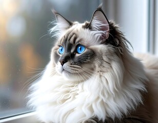 Fluffy Ragdoll cat looking out a window