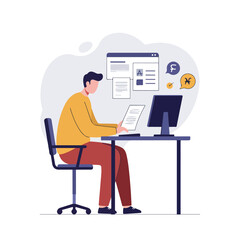 Person works from home; types on a document while viewing a computer screen with info