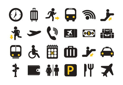 Black And Yellow Airport Travel Transport Navigation Icons Set