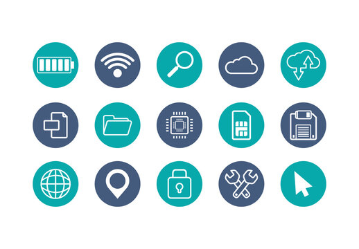 Blue And Green Technology Round Icons Illustration Set