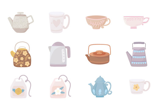 Brown And Beige Tea Kettle Mug Illustrations Set