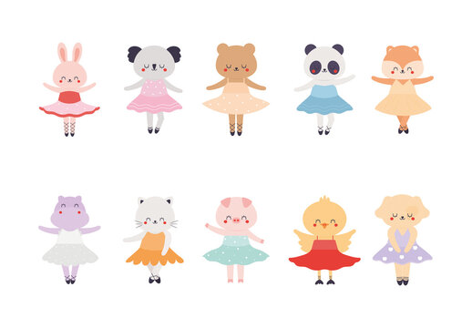 Colorful Ballet Animals Dance Costume Illustrations Set