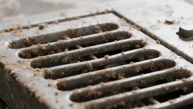Close-up of a dirty, metal drain grate heavily caked with mud and debris, showing neglect, pollution, or environmental residue.