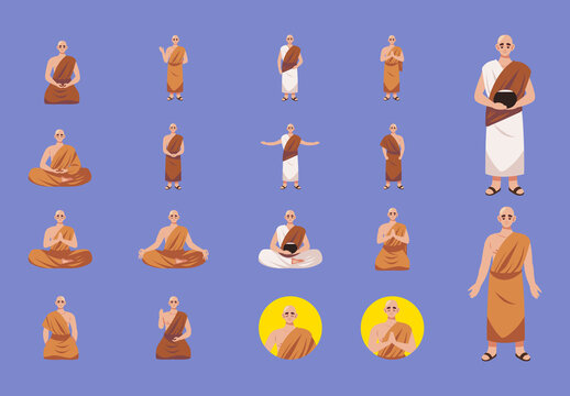 Colorful Buddhist Monk Meditation Spiritual Illustrations Set