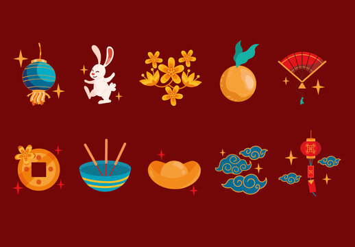 Colorful Chinese New Year Illustrations Set