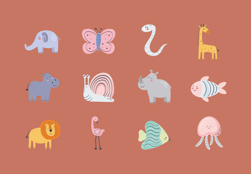 Colorful Cute Animals Cartoon Illustrations Set