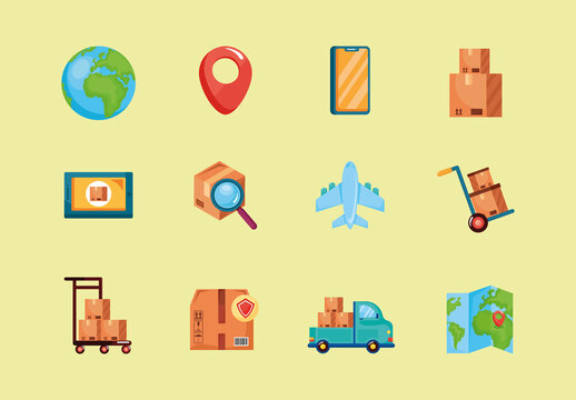 Colorful Delivery Shipping Package Transport Illustrations Set