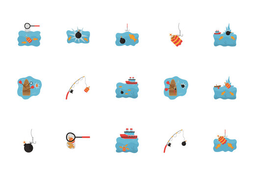 Blue And Red Dynamite Fishing Danger Illustration Set