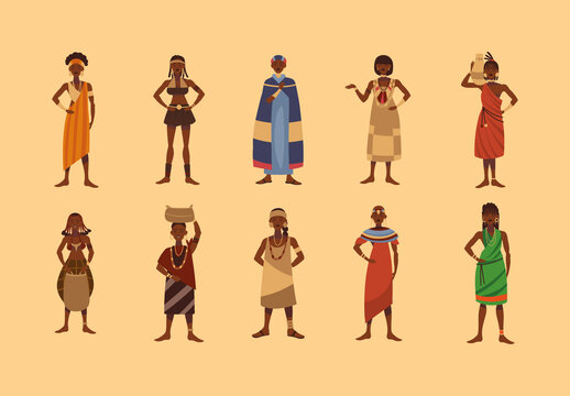 Colorful Female South Africa Culture Illustrations Set