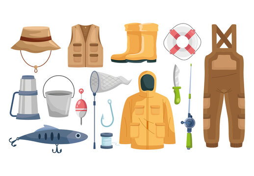 Colorful Fisher Equipment Adventure Outdoor Illustrations Set