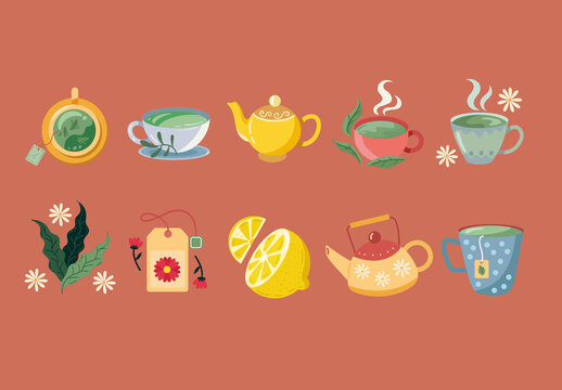 Colorful Tea Cup Teapot Herbal Drink Illustrations Set