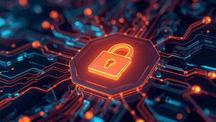 Glowing padlock icon on futuristic digital circuit board symbolizing cybersecurity and data protection