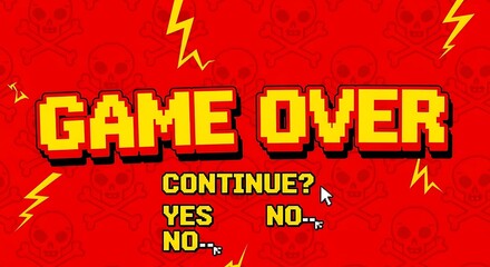 Game Over Continue Screen with Pixelated Text and Lightning Bolts on Red Background.