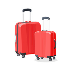 Two red suitcases with wheels and handles isolated on transparent background