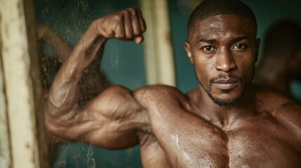 Bodybuilder flexing strong bicep with determination