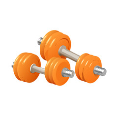 Two orange dumbbells with silver handles isolated on transparent background