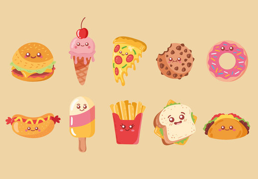 Colorful Kawaii Fast Food Illustration Set