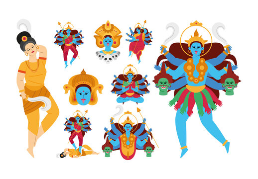 Colorful Kali Hindu Goddess Spiritual Illustrations Set