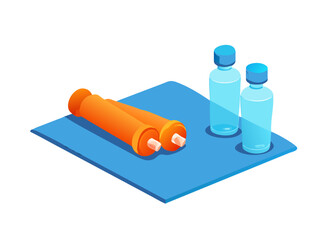 Two orange insulin pens and two water bottles on a blue mat isolated on transparent background