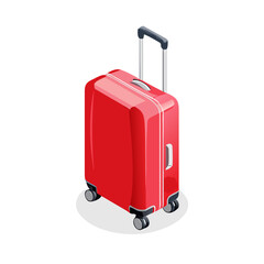Red rolling suitcase with telescopic handle isolated on transparent background