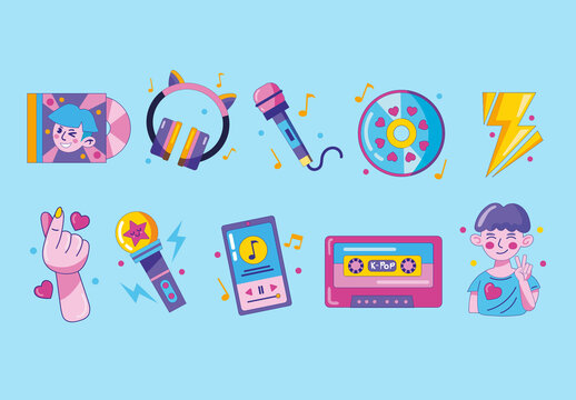 Blue And Pink Kpop Music Illustration Set
