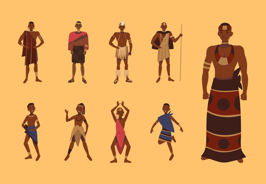 Colorful Male South Africa Culture Traditional Illustrations Set