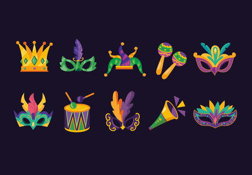 Colorful Mardi Gras Masks Carnival Illustrations Set