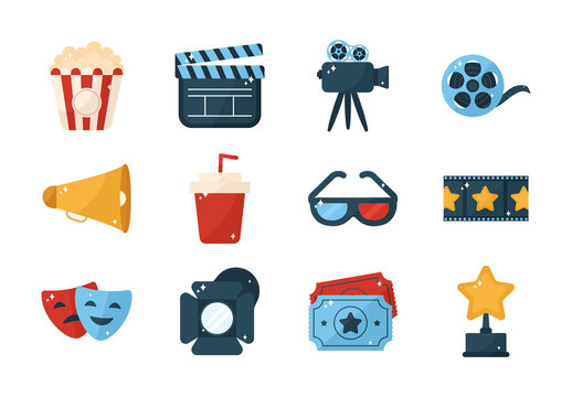 Colorful Movies Cinema Theater Illustrations Set