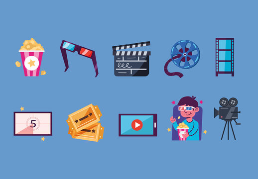 Colorful Cinema Movie Popcorn Entertainment Illustration Set