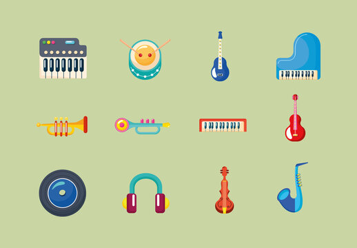 Colorful Music Instrument Illustrations Set