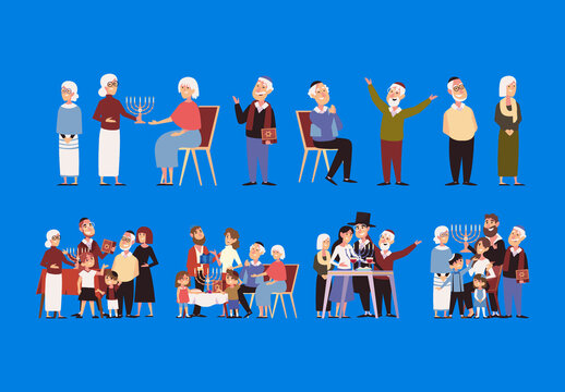Colorful Persons Hanukkah Celebration Jewish Illustrations Set