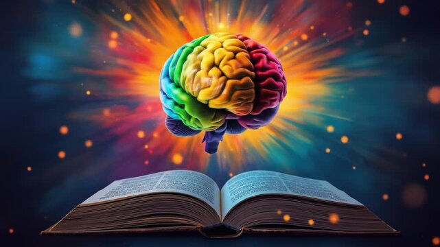 Colorful brain emerging from an open book with a vibrant explosion of light in the background