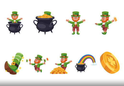 Green And Gold Saint Patrick Leprechaun Illustrations Set