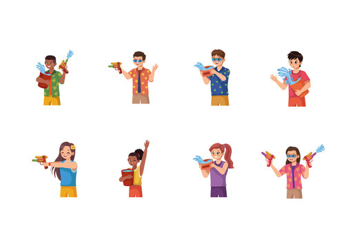 Colorful Songkran Festival Thailand Water Splash Illustrations Set