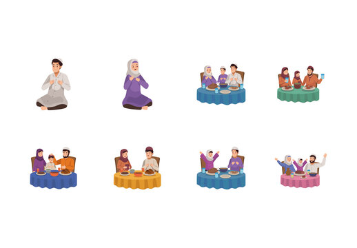 Colorful Suhoor Ramadan Family Meal Illustrations Set