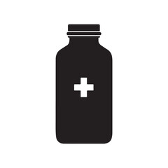 Fototapeta premium Black Medicine Bottle With White Cross Symbol On White Background