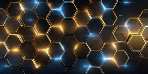 Hexagonal tessellated pattern with glowing gold and blue lights creating futuristic and dynamic geometric background