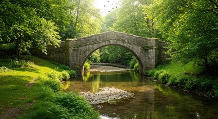 Fototapeta premium Stone bridge spans a shallow river surrounded by lush green trees in peaceful woodland.