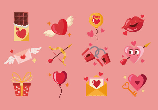 Colorful Valentines Day Love Romantic Illustrations Set