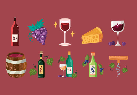 Colorful Wine Grapes Drink Illustrations Set