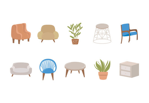 Gray And Green House Things Furnitures Interior Illustrations Set