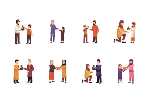 Colorful Zakat Helping People Community Illustrations Set