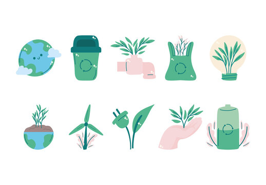 Green And Blue Ecological Sustainability Illustrations Set