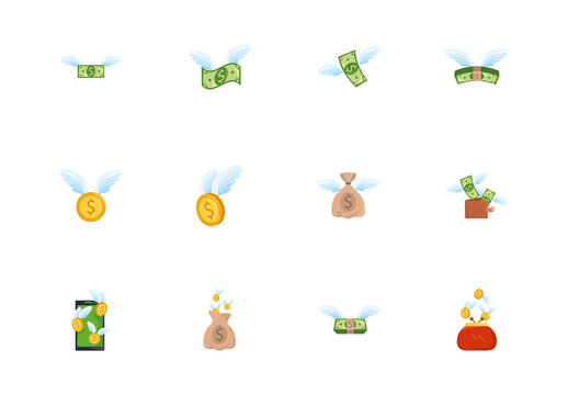 Green and Yellow Money Flying Illustration Set