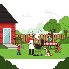 Naklejka premium Cheerful family enjoying a backyard barbecue, grilling delicious food and spending quality time together on a sunny day