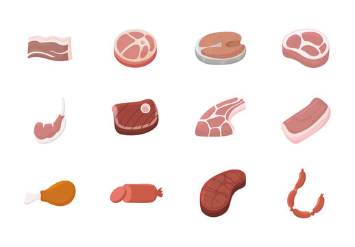 Red Meat Steak Sausage Bacon Chicken Illustrations Set
