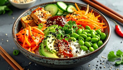 Bunte asiatische Bowl, kunstvoll angerichtet mit frischem Gemüse
