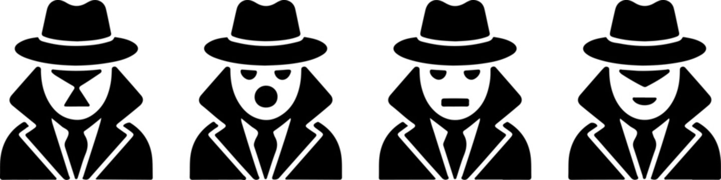 A conceptual representation of enigmatic figures in hats and trench coats, portraying various expressions of mystery, intrigue, and covert operations, ideal for themes of investigation and secrets