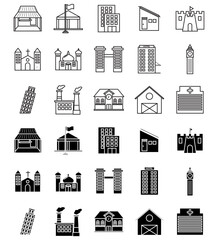 Building icon set. Building icon set in line black flat house, office, bank, school, hotel, shop, university, city, real estate and hospital symbol.