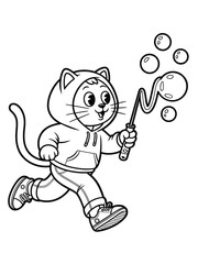 Cute cartoon cat in a hoodie blowing bubbles